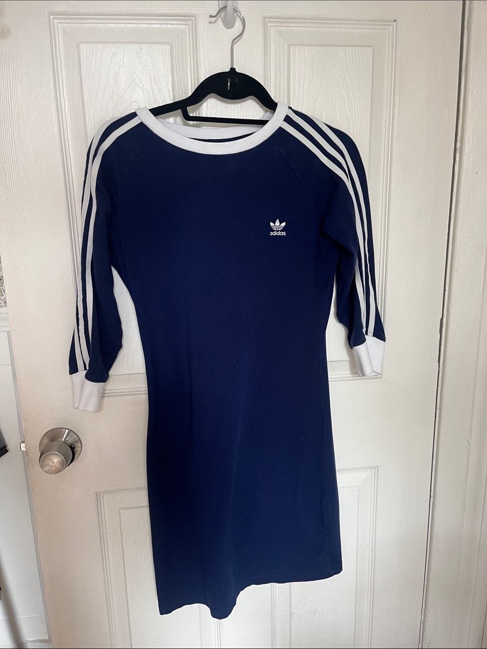 adidas Navy Blue Long-Sleeve Three-Stripe Dress with White Trim